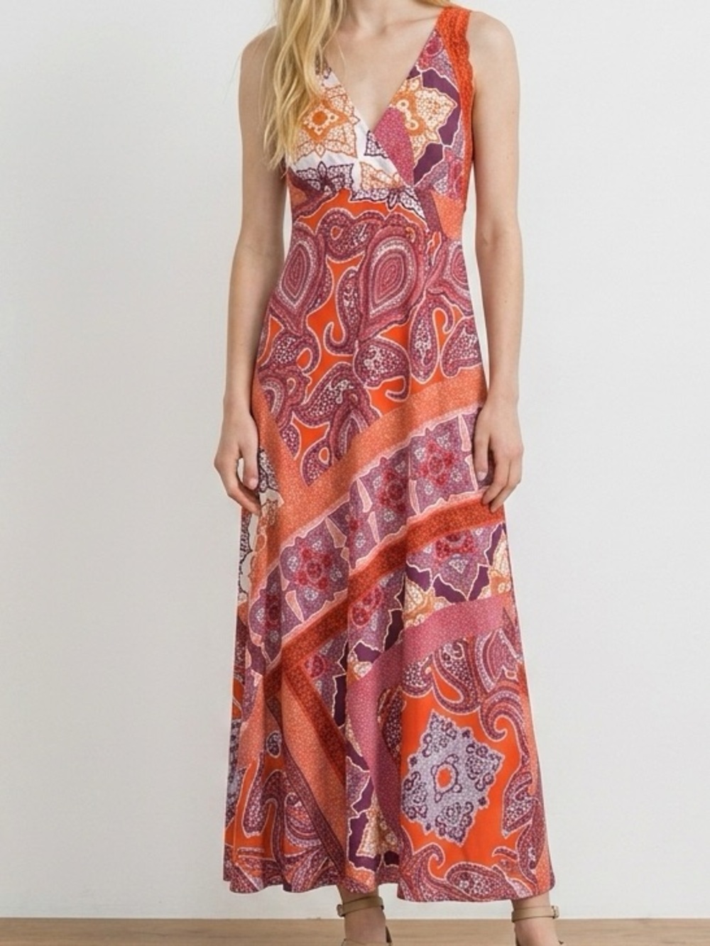 Garnet Hill Paisley Patchwork Halter Maxi Dress Boho Resort Festival Sundress